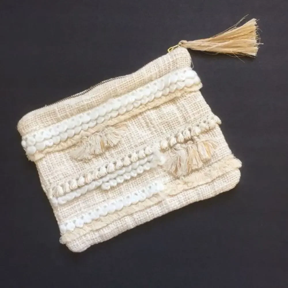Cosmetics pouch clutch wristlet beige gold threads